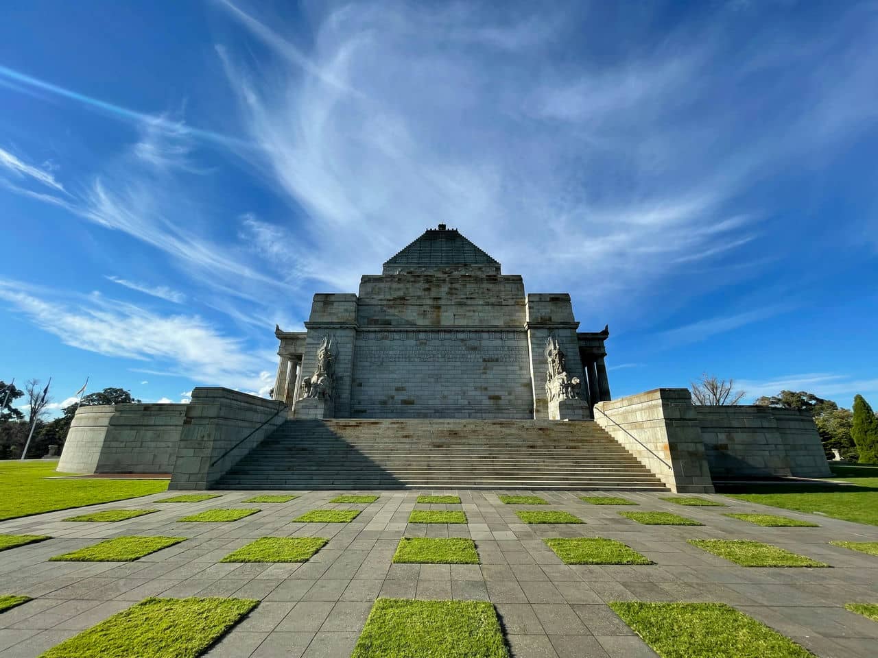 Architectural landmark: shrine of remembrance east face of melbourne war memorial with inscription © thomas villani