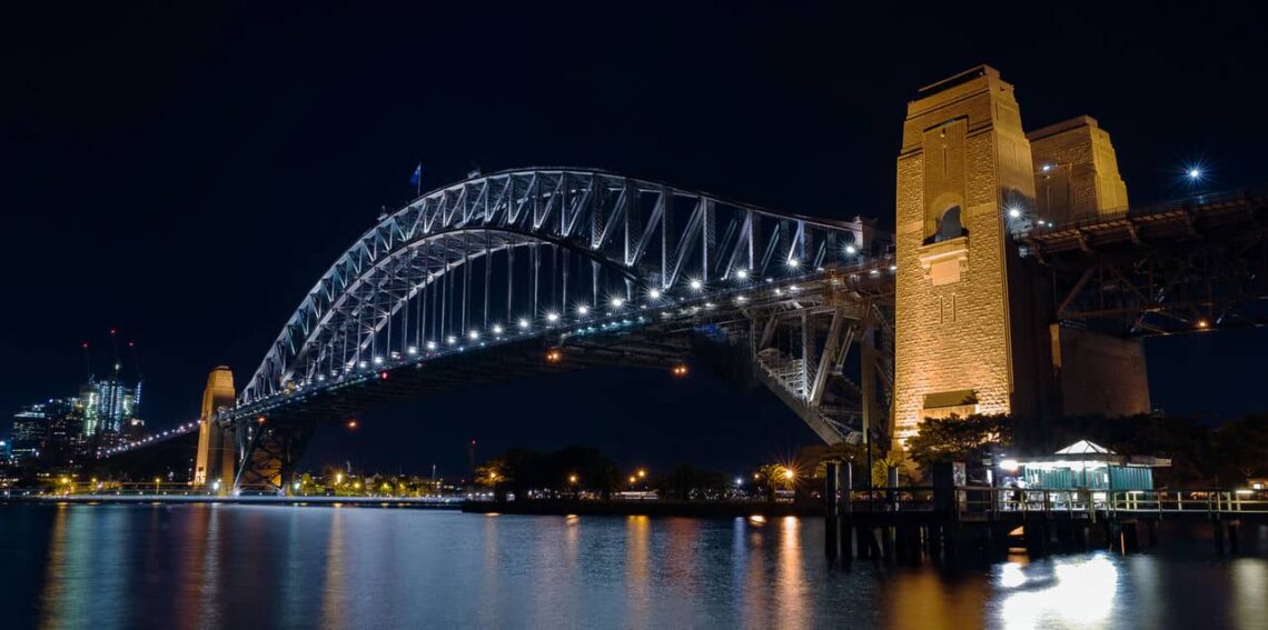Architectural landmark: sydney harbour bridge side view shot at night © william algar-chuklin