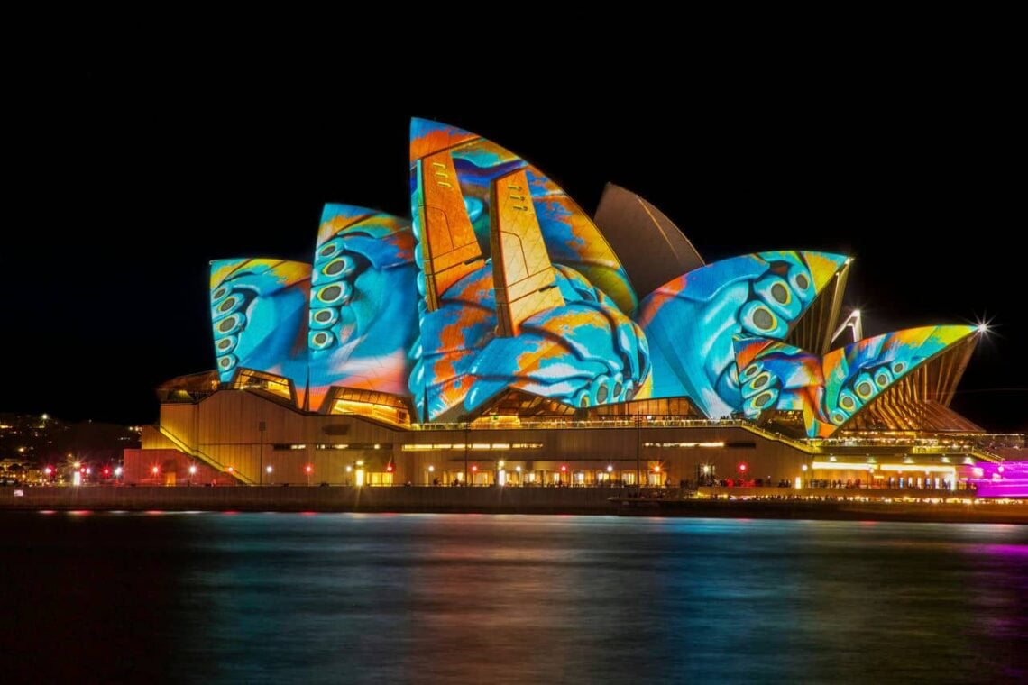 Architectural landmark: sydney opera house light display © srikant sahoo