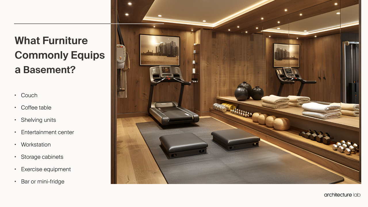 What furniture commonly equips a basement?