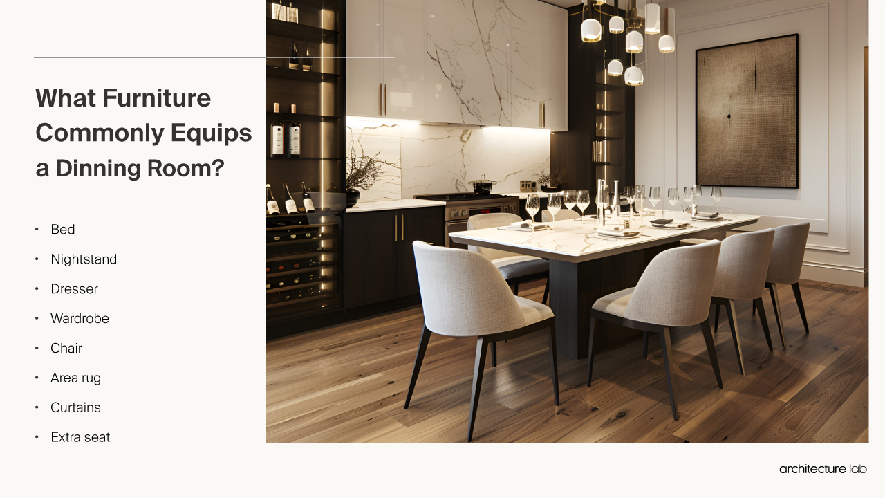 What furniture commonly equips a dining room?