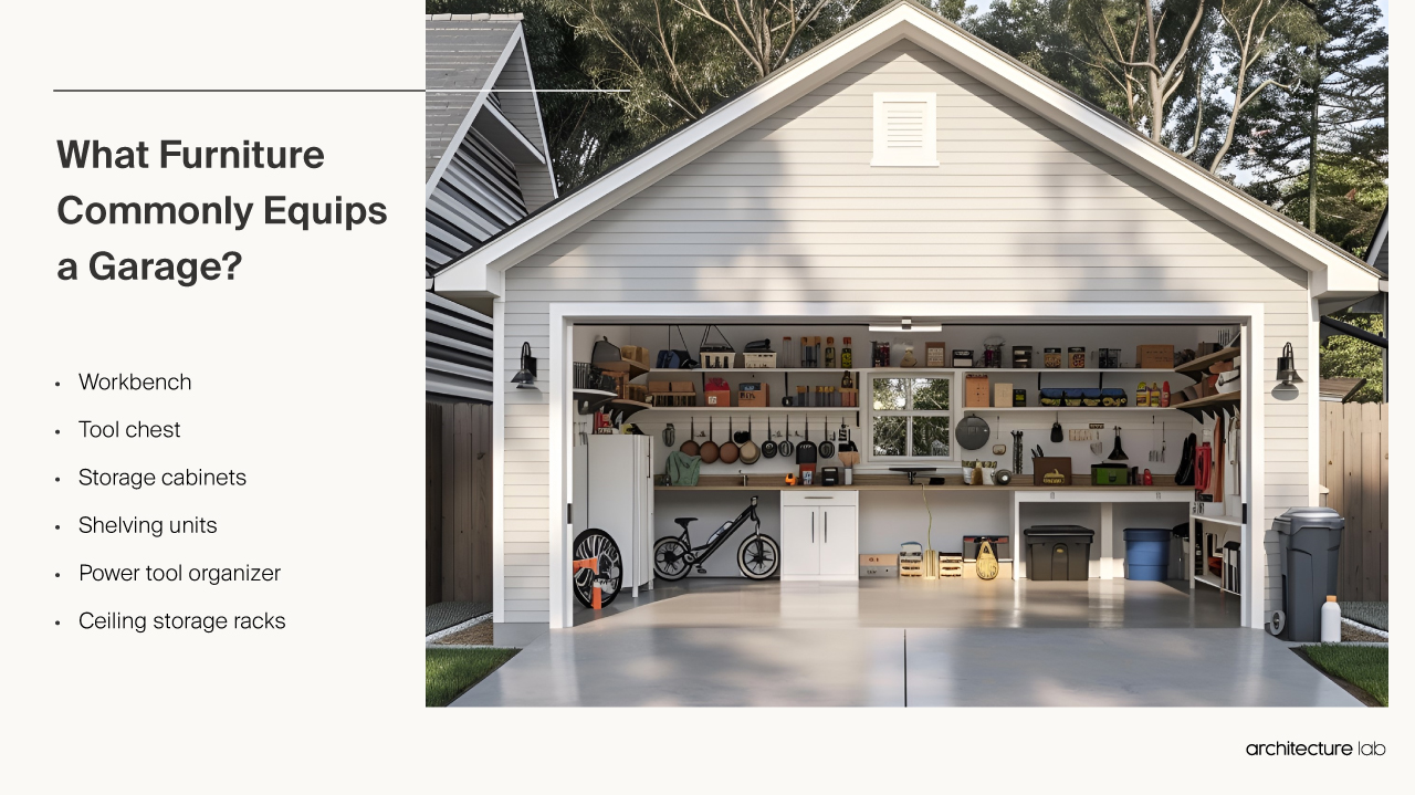 What furniture commonly equips a garage?