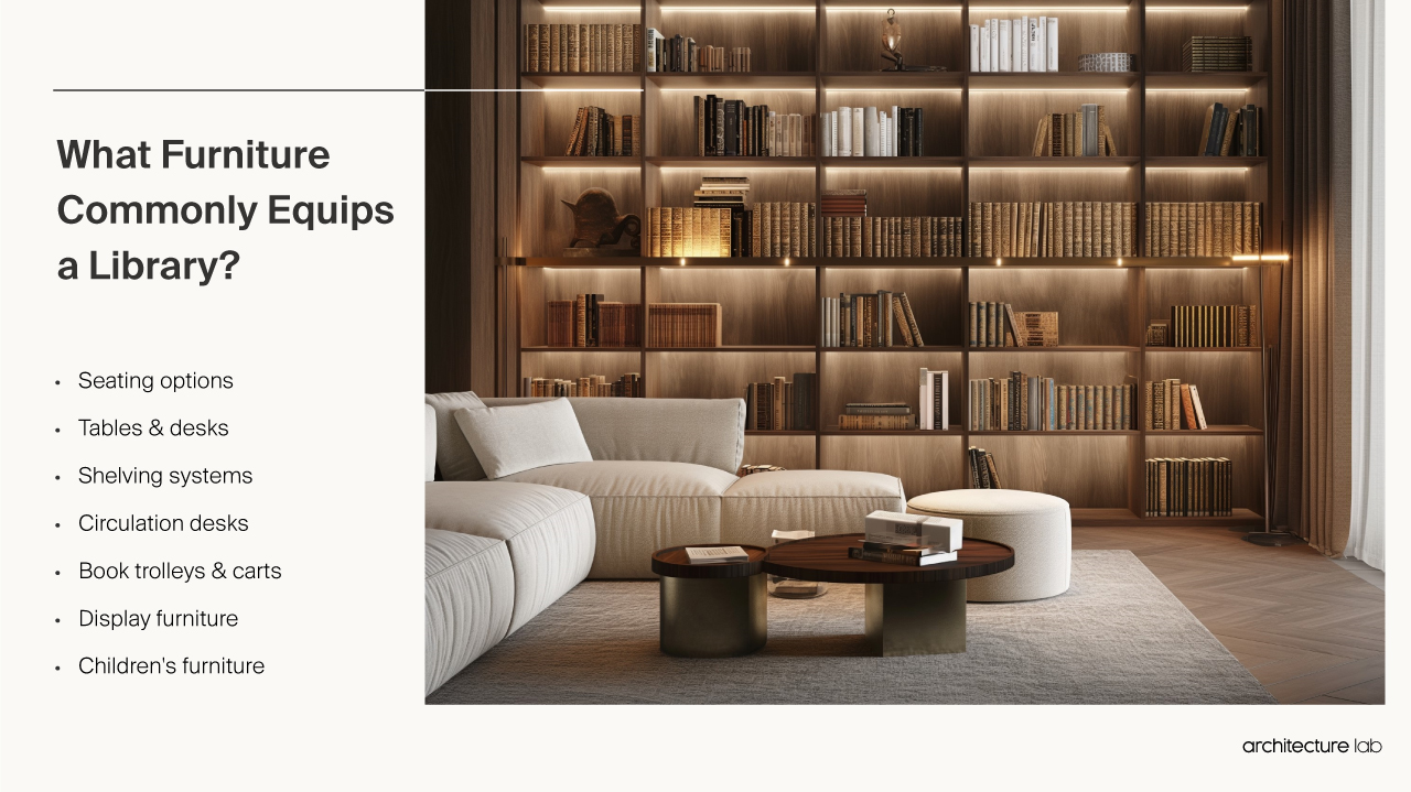What furniture commonly equips a library?