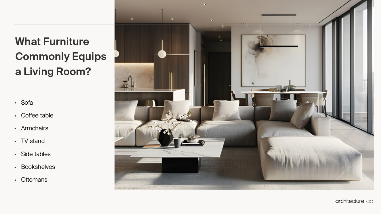 What furniture commonly equips a living room?