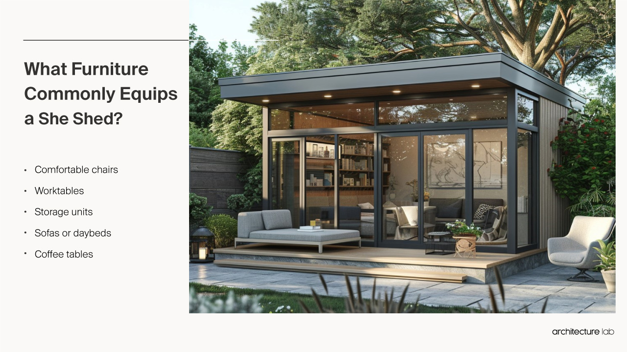 What furniture commonly equips a she shed?