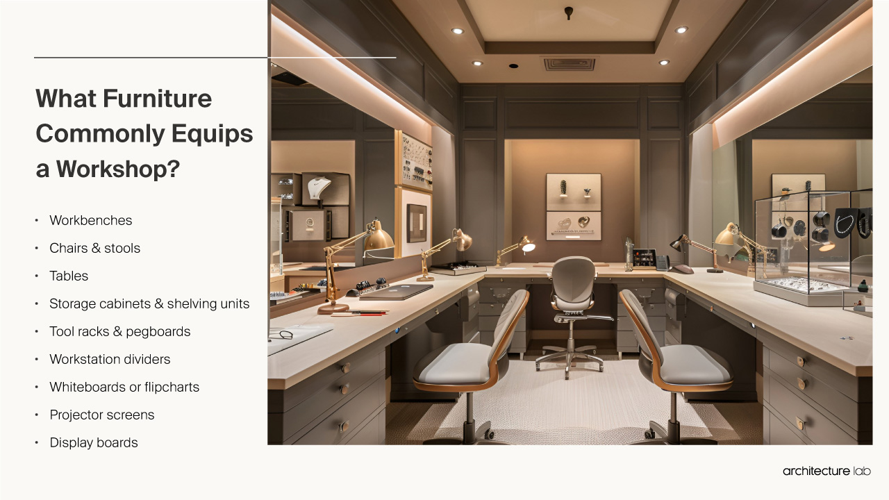 What furniture commonly equips a workshop?