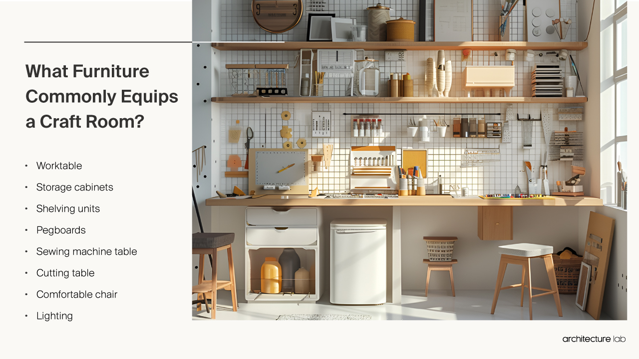 What furniture commonly equips a craft room?
