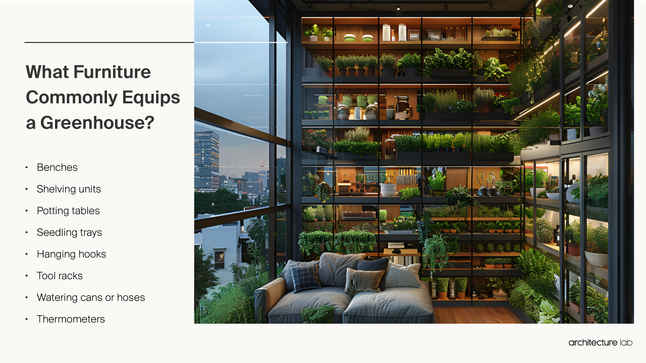 Green House - Size, Functionality, Uses, Furniture And Renovatio What furniture commonly equips a greenhouse?