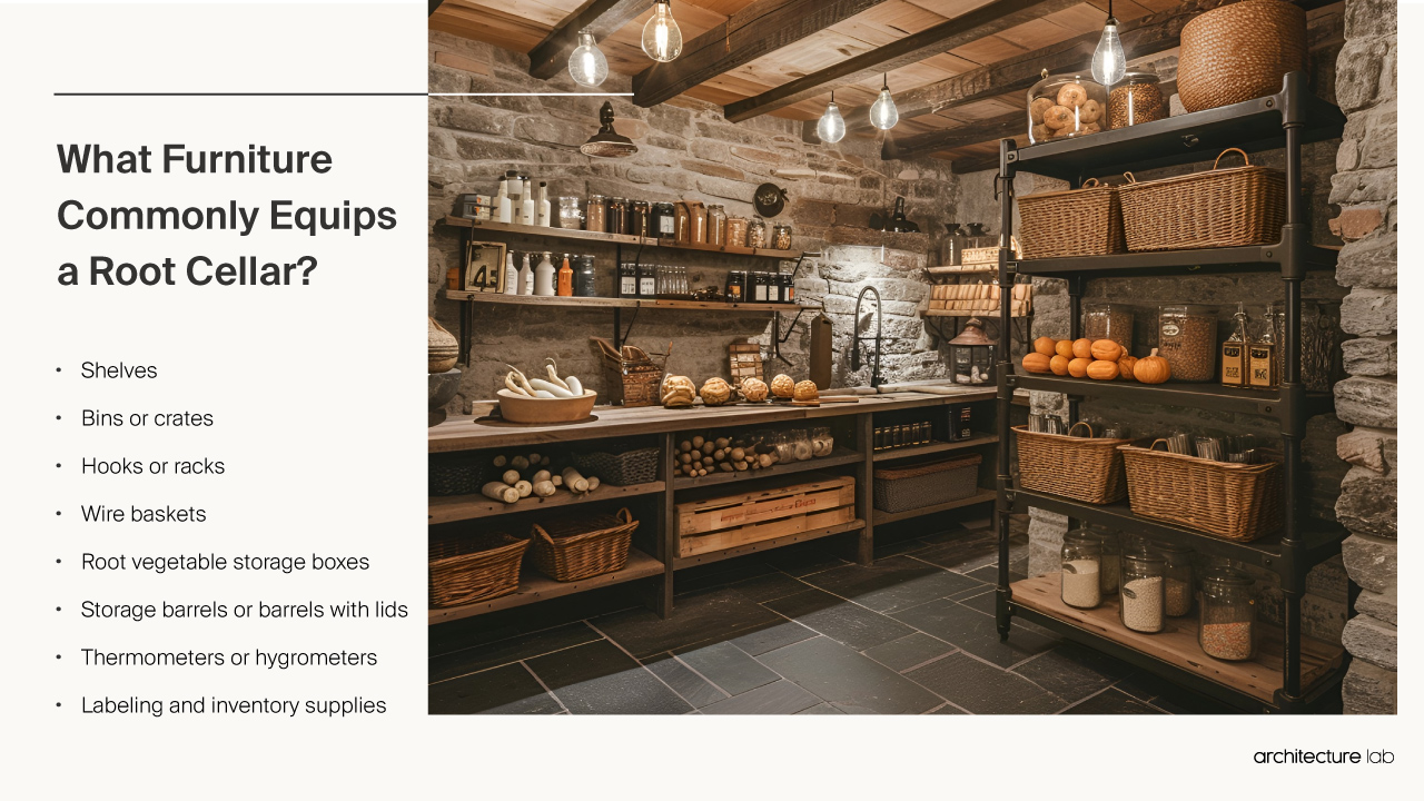 What furniture commonly equips a root cellar?