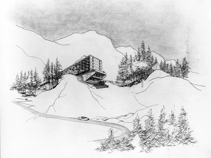 Concept drawings of the ski hill with a bold cantilever terrace. Photo: flaine art centre