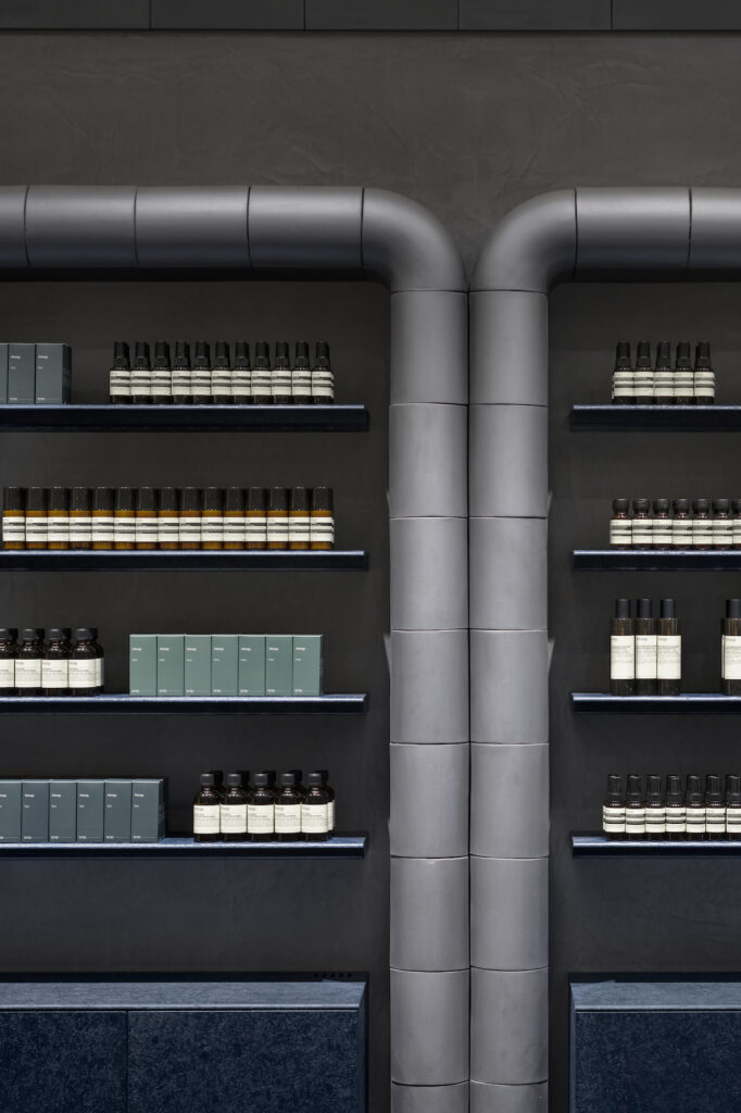 Aesop kobe bal store, case-real created rounded japanese tiles. © aesop