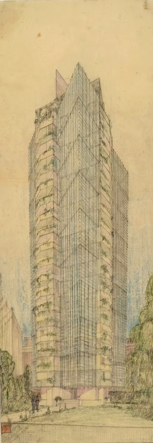 Sketches of additional building plans for st. Marks in the bowwerie towers by frank lloyd wright. Courtesy of the museum of modern art