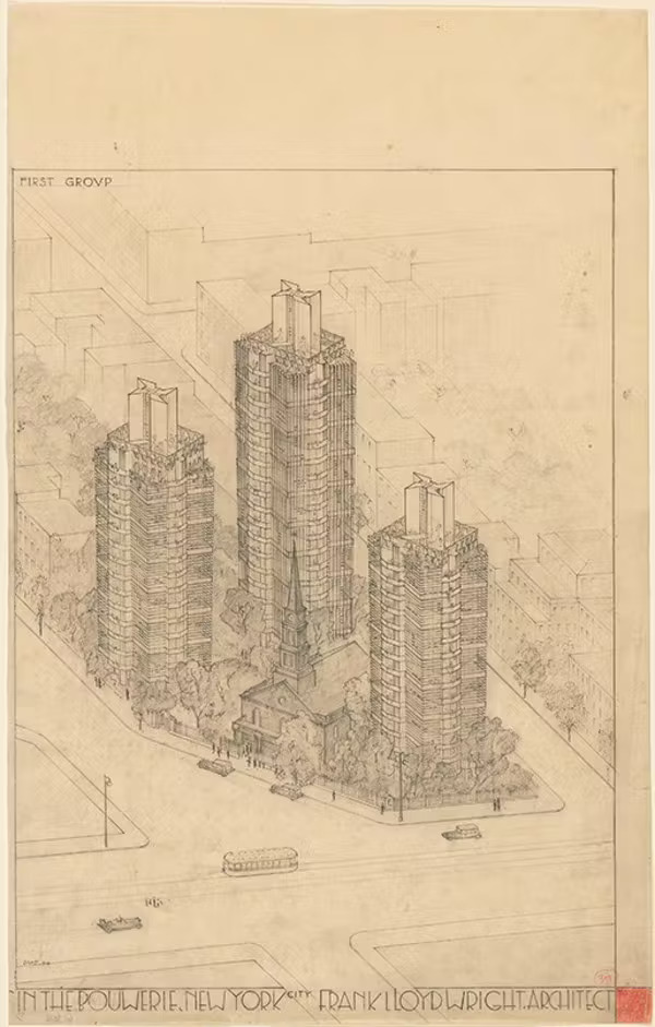 Sketches of building plans for st. Marks in the bouwerie towers in new york by frank lloyd wright 1927 1931. Courtesy of the museum of modern art