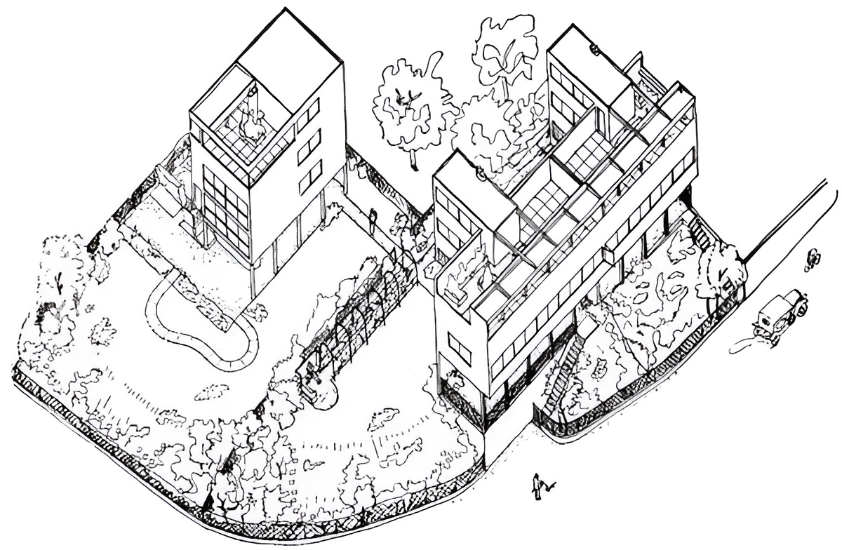 Axonometric Weissenhof-siedlung houses 14 and 15 / le corbusier + pierre jeanneret | classics on architecture lab