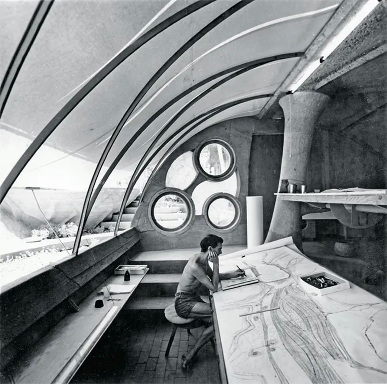 Soleri sketching at his desk cosanti ca. 1960 © the weiner estate collection of the cosanti foundation