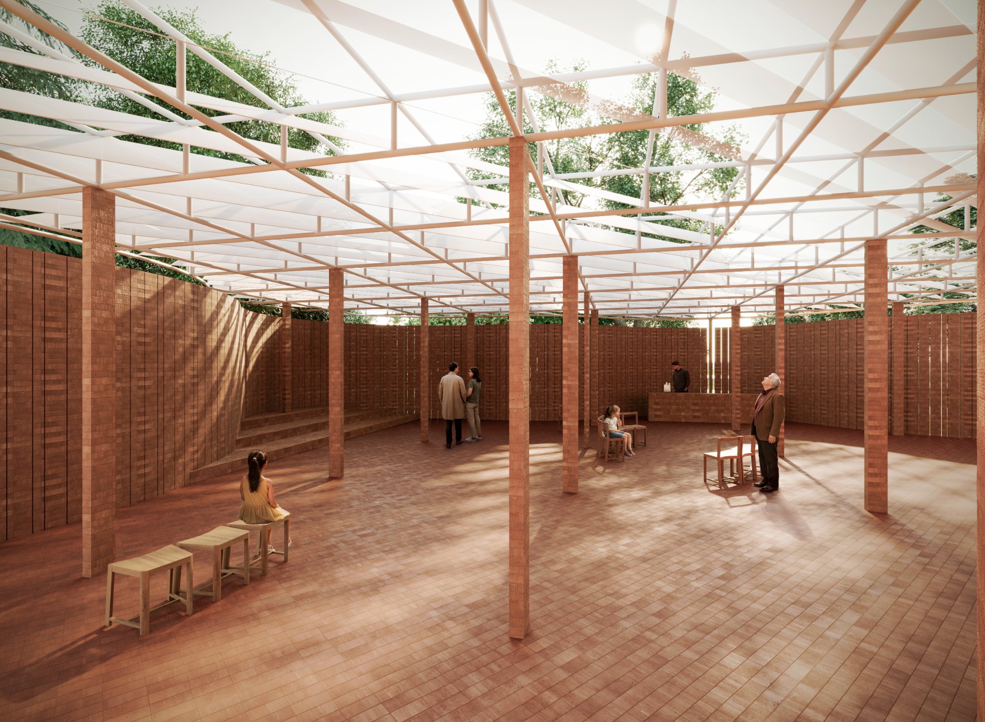 A serpentine pavilion by lanza atelier explores brick, geometry, and landscape in kensington gardens