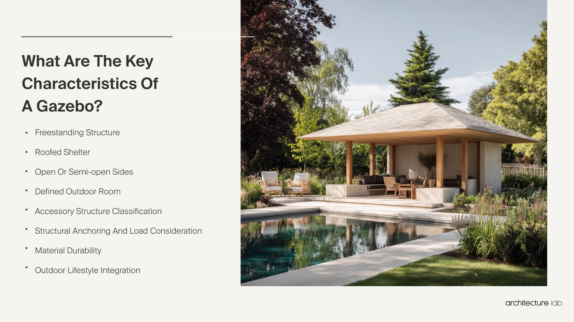 Gazebo_Architecture_History_Design_Sustainability_Materials_And_Typical_Prices_2 What are the key characteristics of a gazebo?