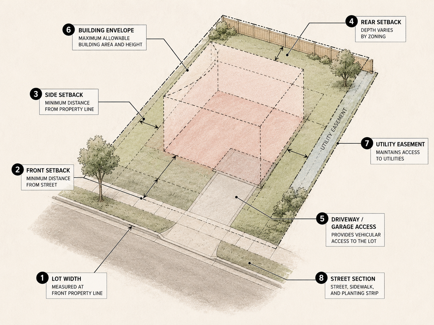Diagram showing lot width setback driveway garage building envelope utility easement and street section before the house plan appears