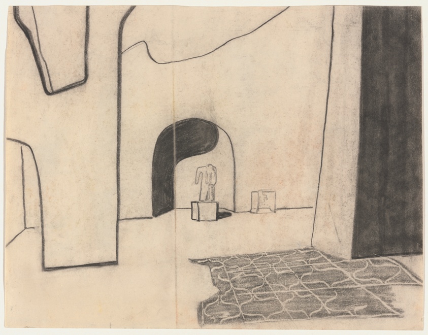 Louis kahn interior view with statue egypt travel sketch 1951 charcoal pencil on tracing paper mounted on paper