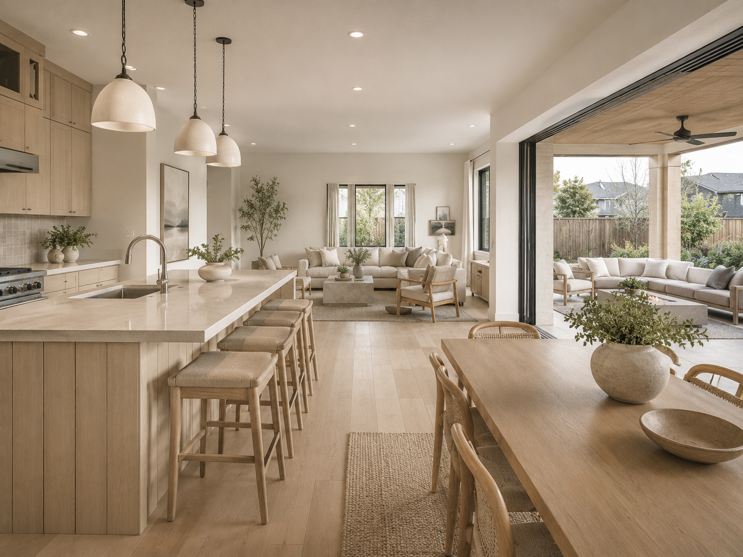 Model home interior with staged kitchen dining family room and outdoor living area visible in one view