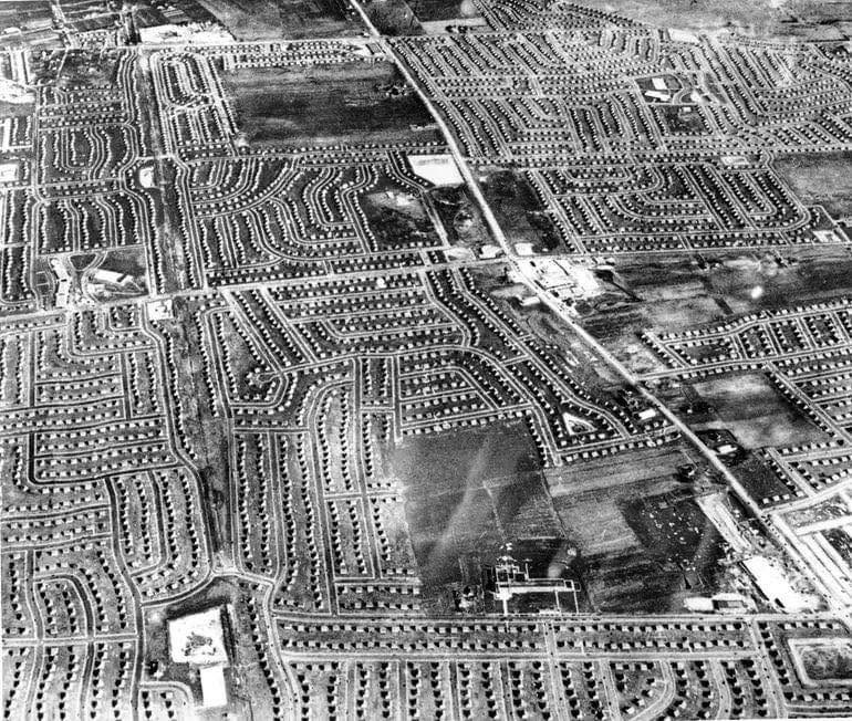 Aerial view of the newly constructed community of levittown, with more than 10,000 homes, is seen on feb. 25, 1950.