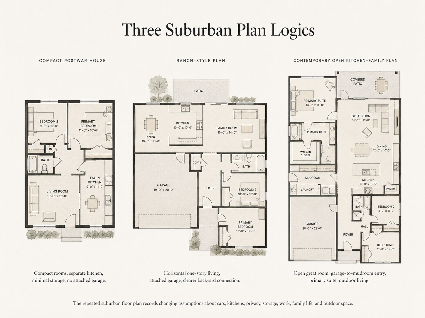 Original architecture lab diagram comparing three simplified suburban plan logics: compact postwar house, ranch-style plan, and contemporary open kitchen-family plan.