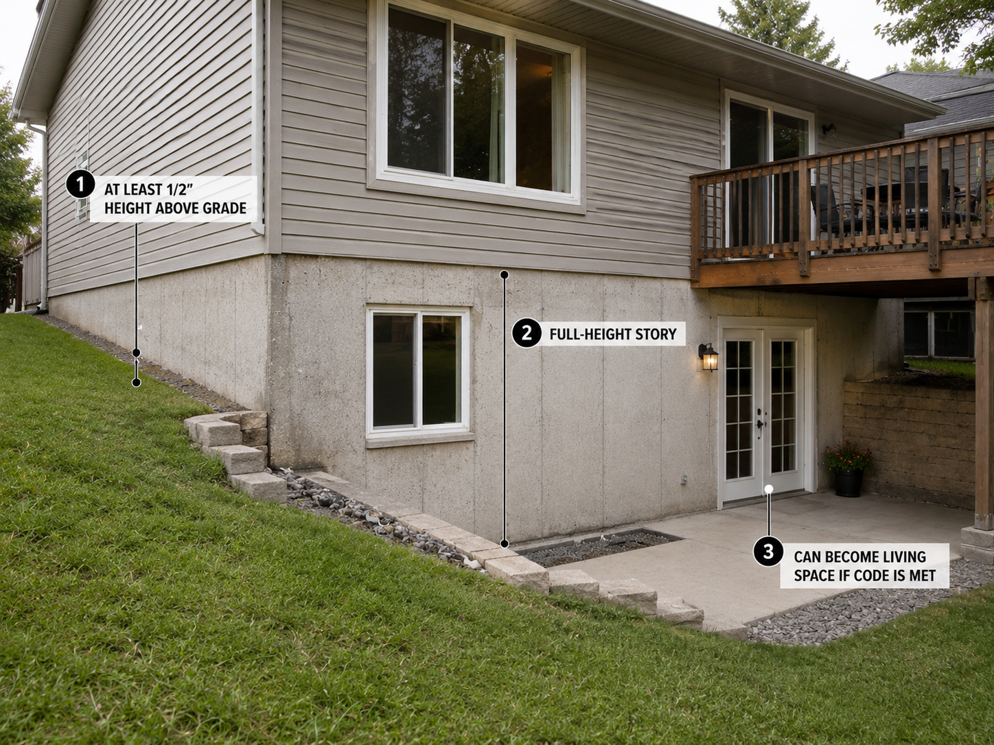 Basement-Above-Grade-Living-Space-Requirements.jpg Basement exterior showing above-grade height, full-height lower story, and potential living space if code requirements are met