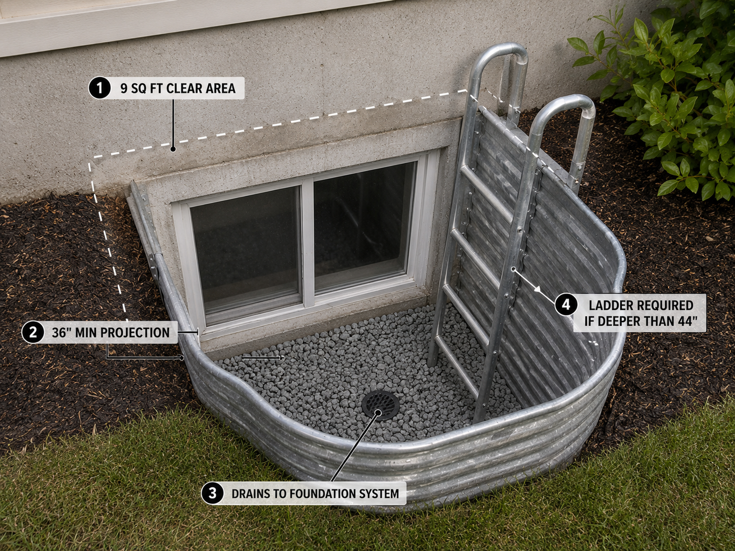 Basement-Egress-Window-Well-Code-Requirements.jpg Basement egress window well with clear area, 36 inch projection, foundation drain, and ladder requirement