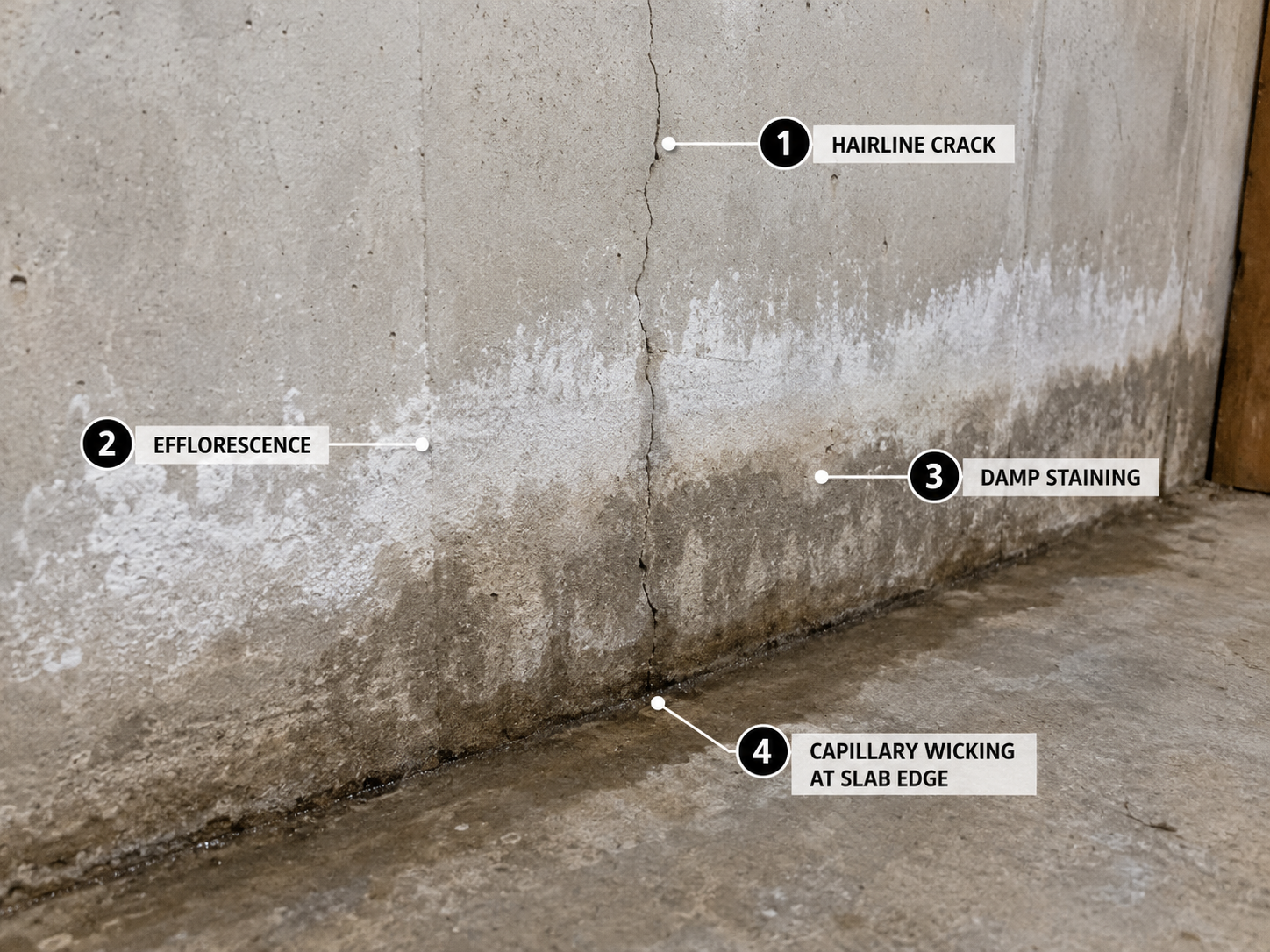 Basement-Wall-Crack-Efflorescence-Capillary-Moisture Basement wall crack with efflorescence and damp staining from capillary moisture movement