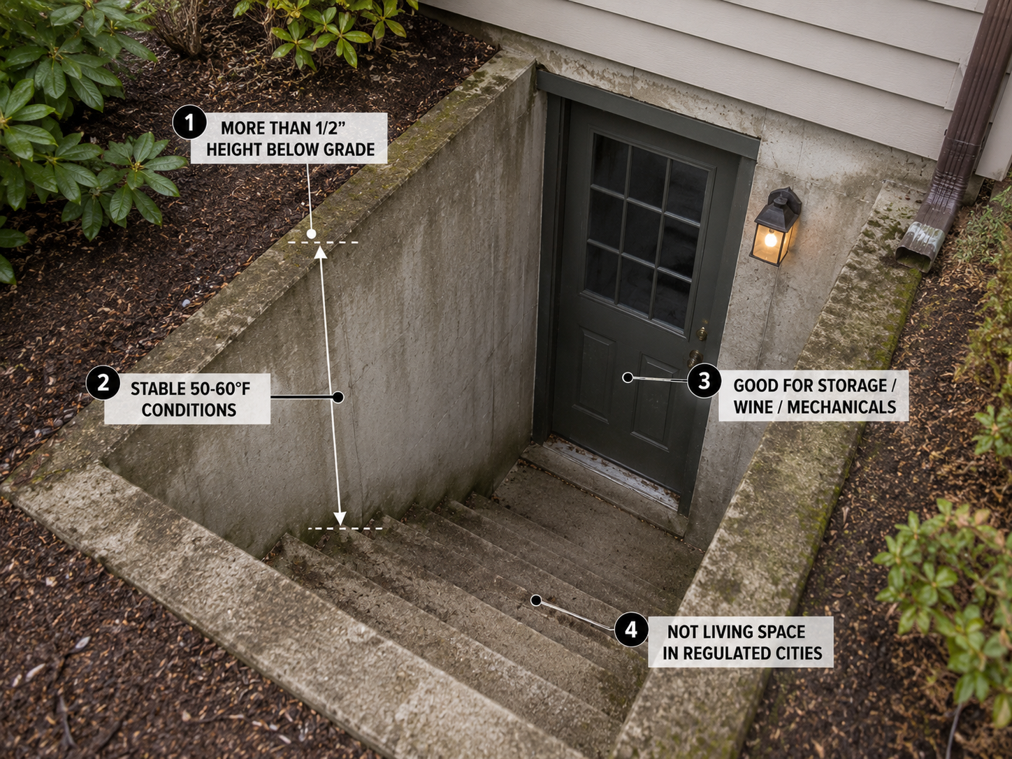 Cellar-Below-Grade-Storage-Thermal-Stability.jpg Cellar entrance more than half below grade showing stable storage conditions and non-living-space use