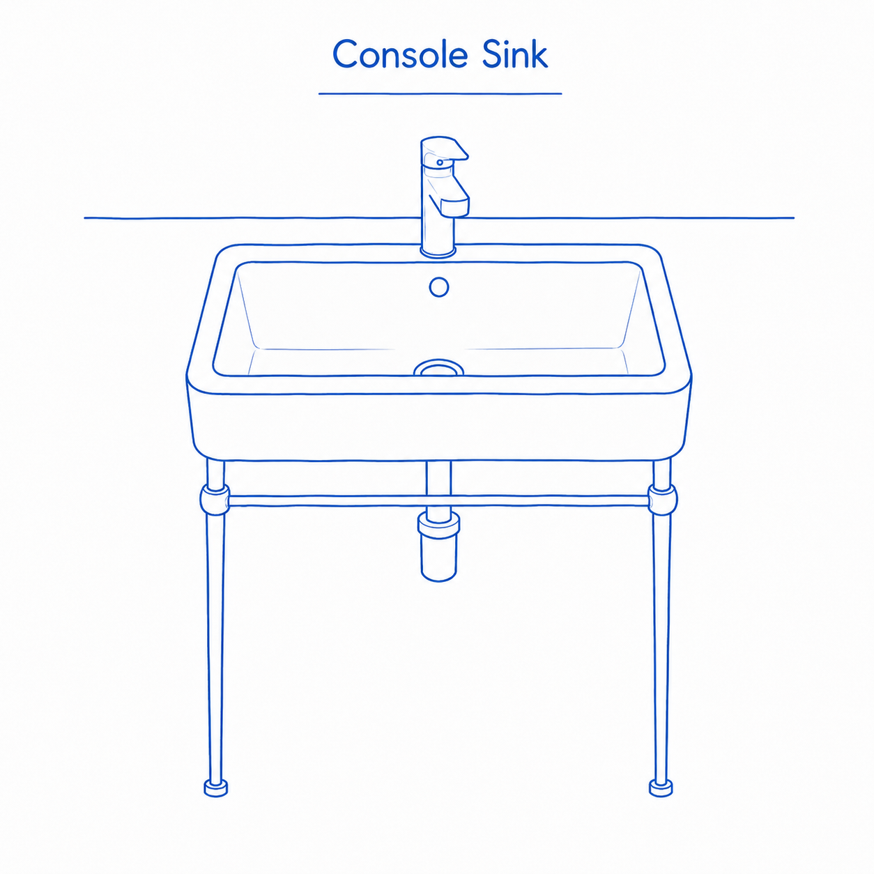 Console-Bathroom-Sink-Blue-Line-Illustration Blue line illustration of a console bathroom sink with an open frame and supporting legs