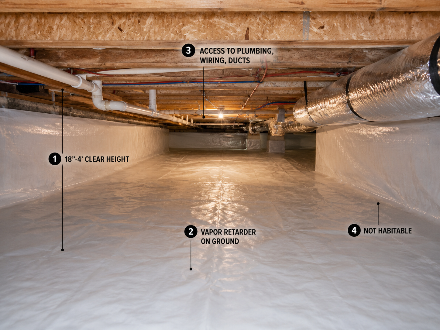 Crawl-Space-Vapor-Retarder-Plumbing-Duct-Access.jpg Crawl space with vapor retarder on the ground and access to plumbing, wiring, and ductwork