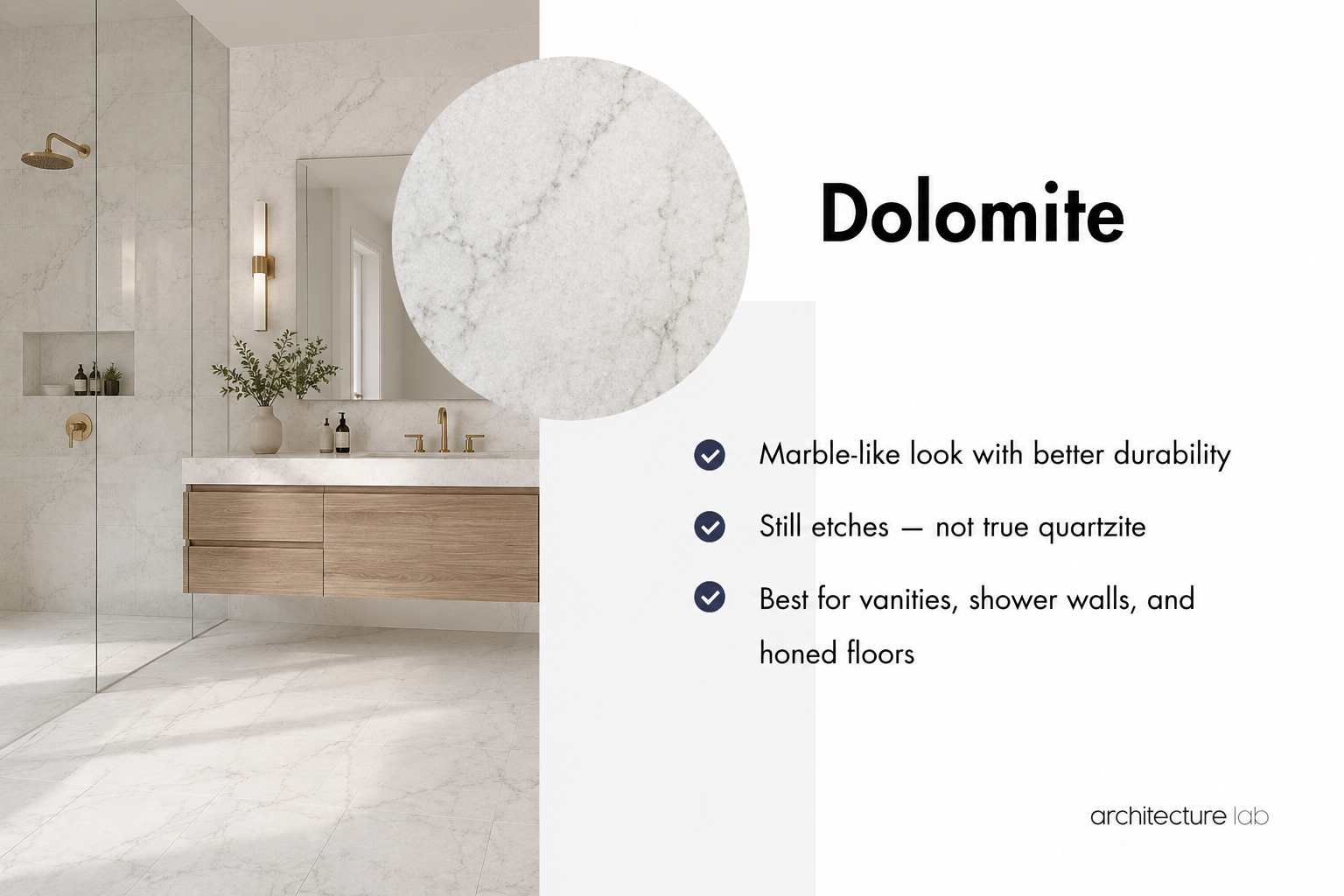 Dolomite bathroom stone card showing marble-like appearance, slower etching, and use for vanities, shower walls, and honed floors
