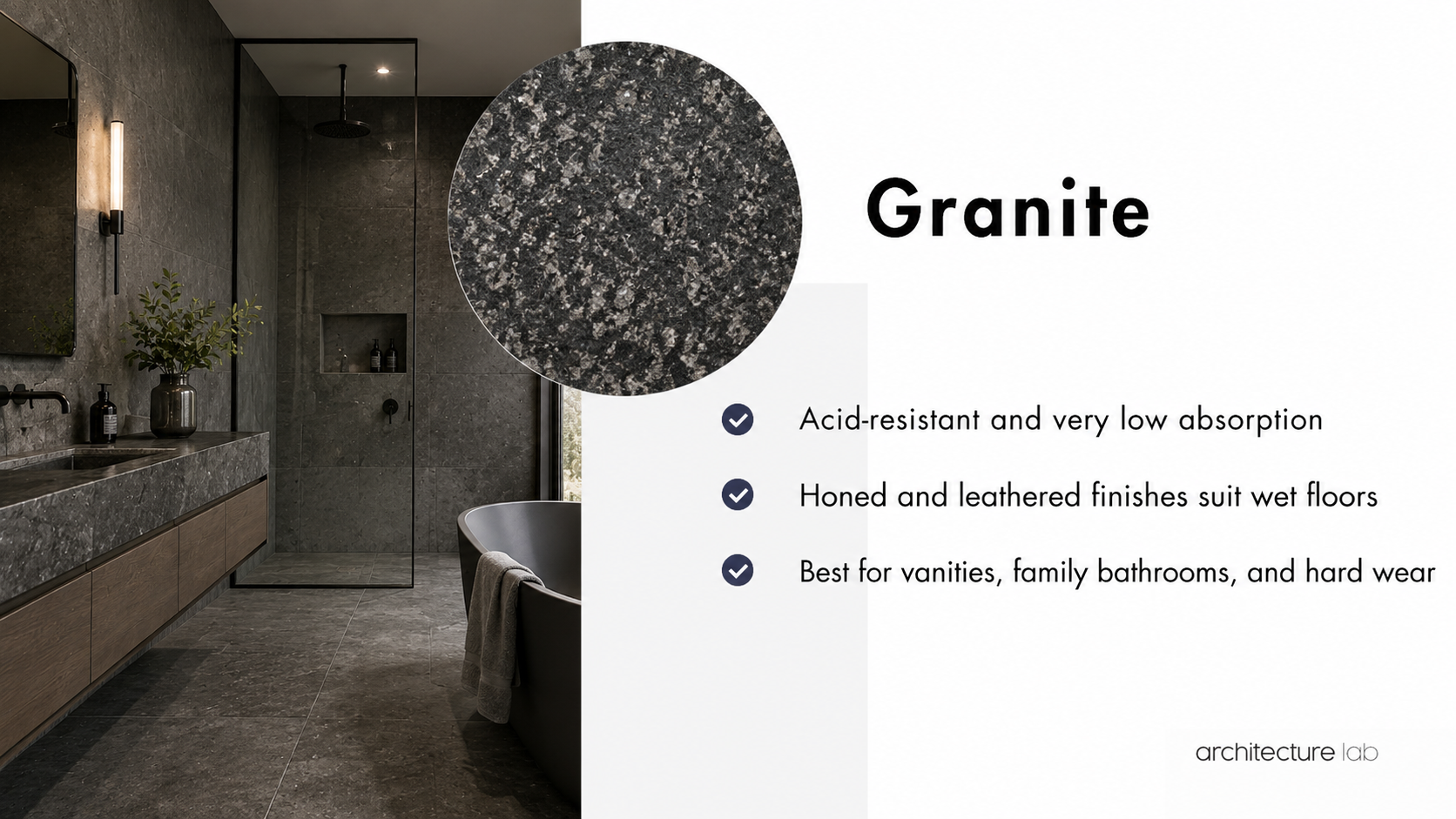 Granite bathroom stone card showing acid resistance, low absorption, and use for vanities, family bathrooms, and wet floors