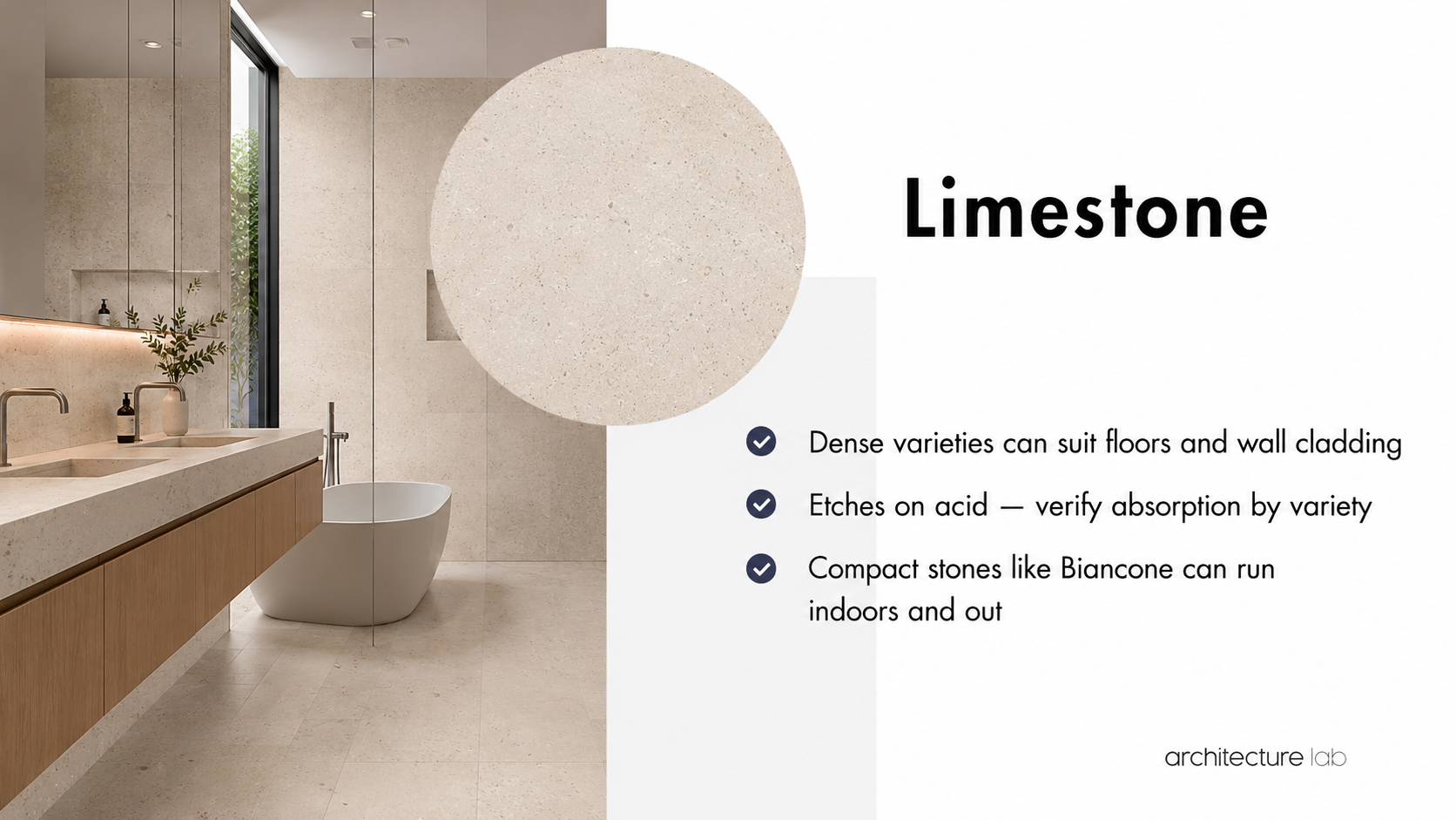 Limestone bathroom stone card showing dense varieties for floors, wall cladding, and indoor-outdoor bathroom continuity