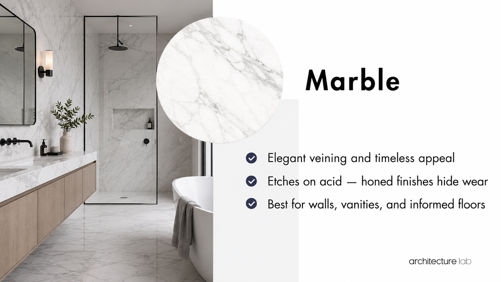 Marble bathroom stone card showing veining, acid etching risk, and suitable uses for walls, vanities, and informed floors