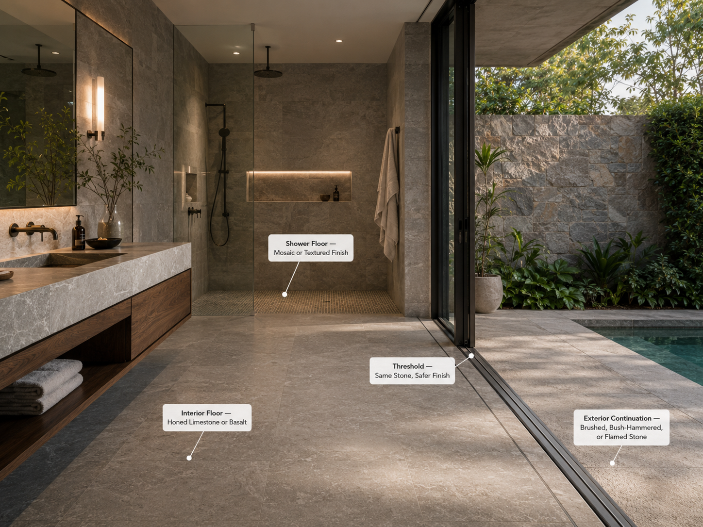 Natural stone bathroom continuing to an exterior poolside terrace with honed interior stone, textured exterior stone, shower floor mosaic, and threshold detail