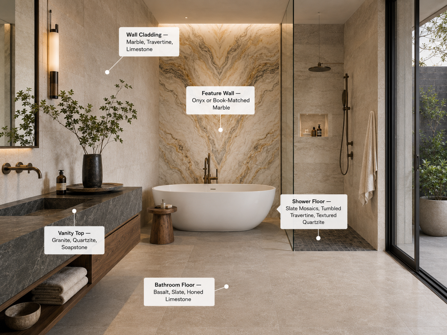 Natural stone bathroom surfaces wall floor vanity shower
