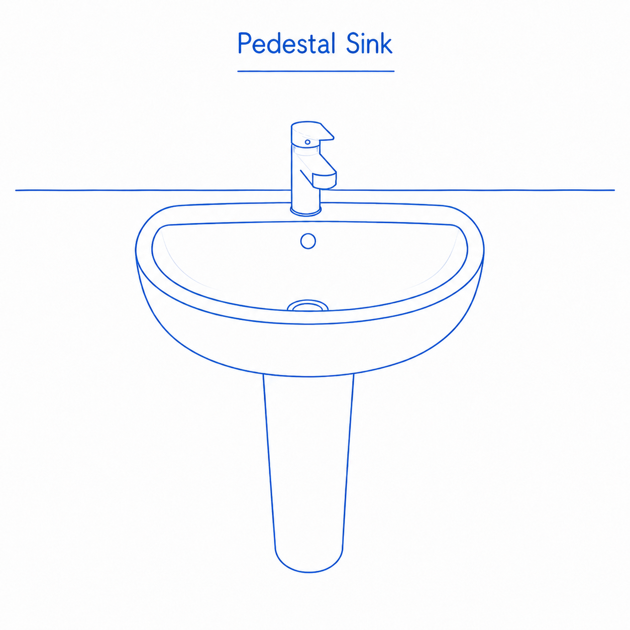 Pedestal-Bathroom-Sink-Blue-Line-Illustration Blue line illustration of a pedestal bathroom sink with a basin supported by a pedestal base