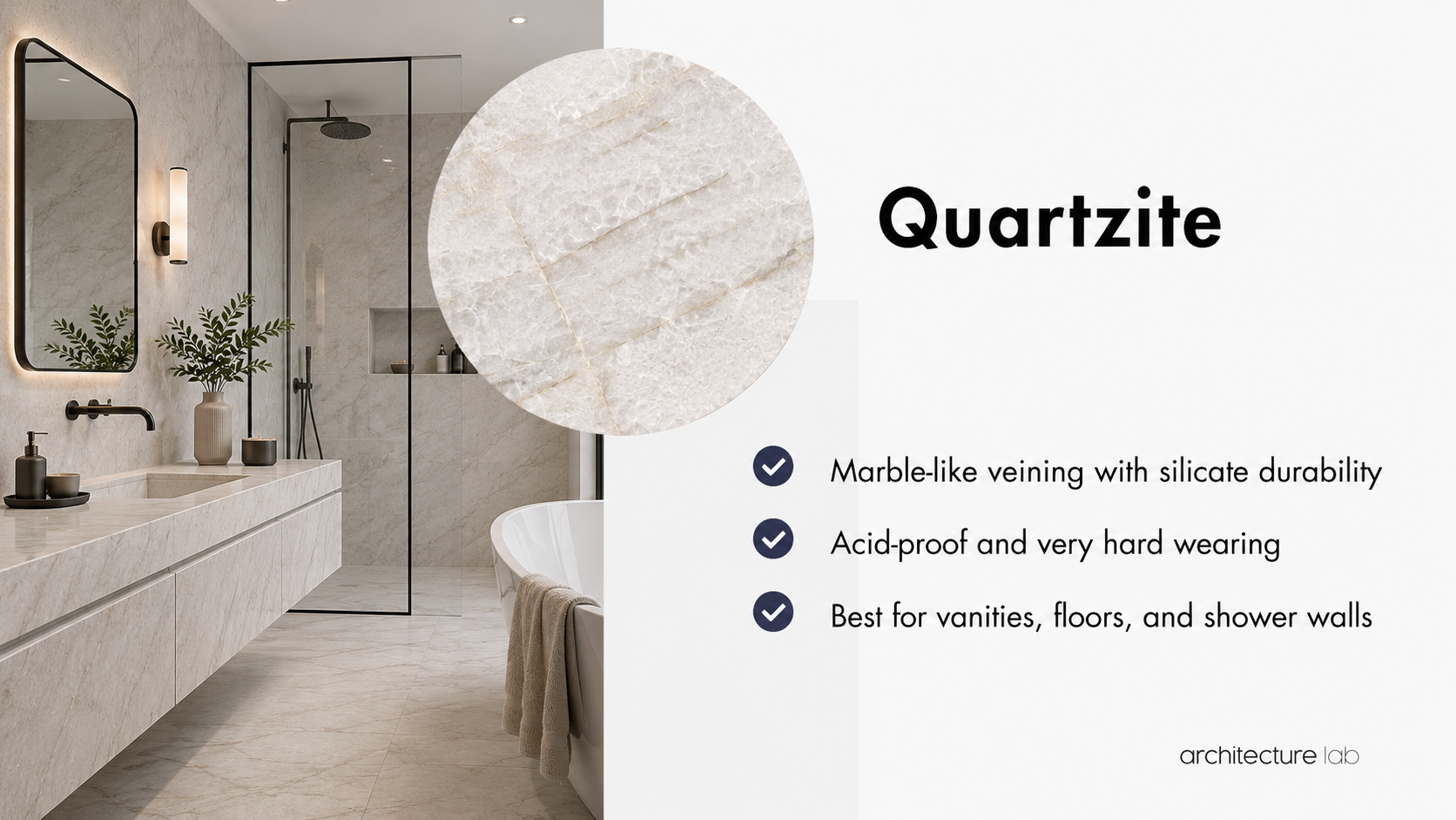 Quartzite bathroom stone card showing marble-like veining, acid resistance, and use for vanities, floors, and shower walls