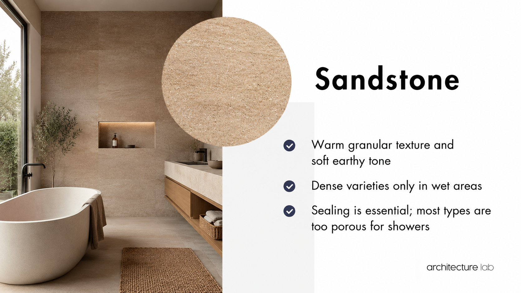 Sandstone bathroom stone card showing warm granular texture, porosity concerns, and dense varieties for wet areas