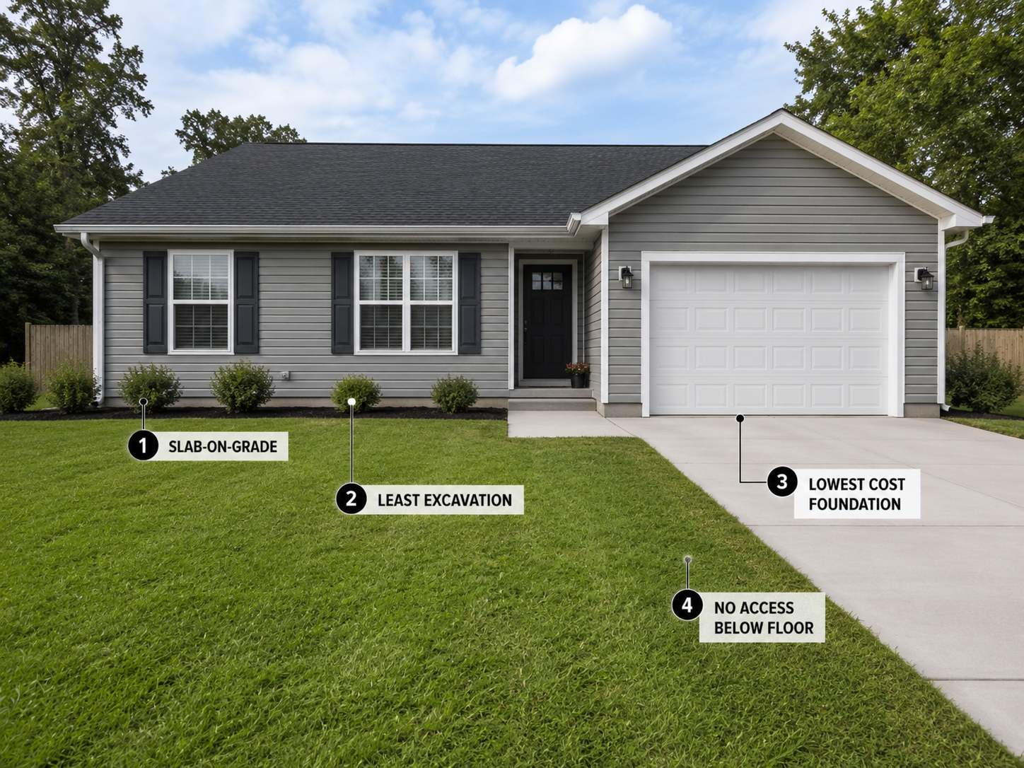 Slab-On-Grade-Foundation-Lowest-Cost-No-Access A slab-on-grade foundation reduces excavation and cost, but it leaves no service access below the floor.