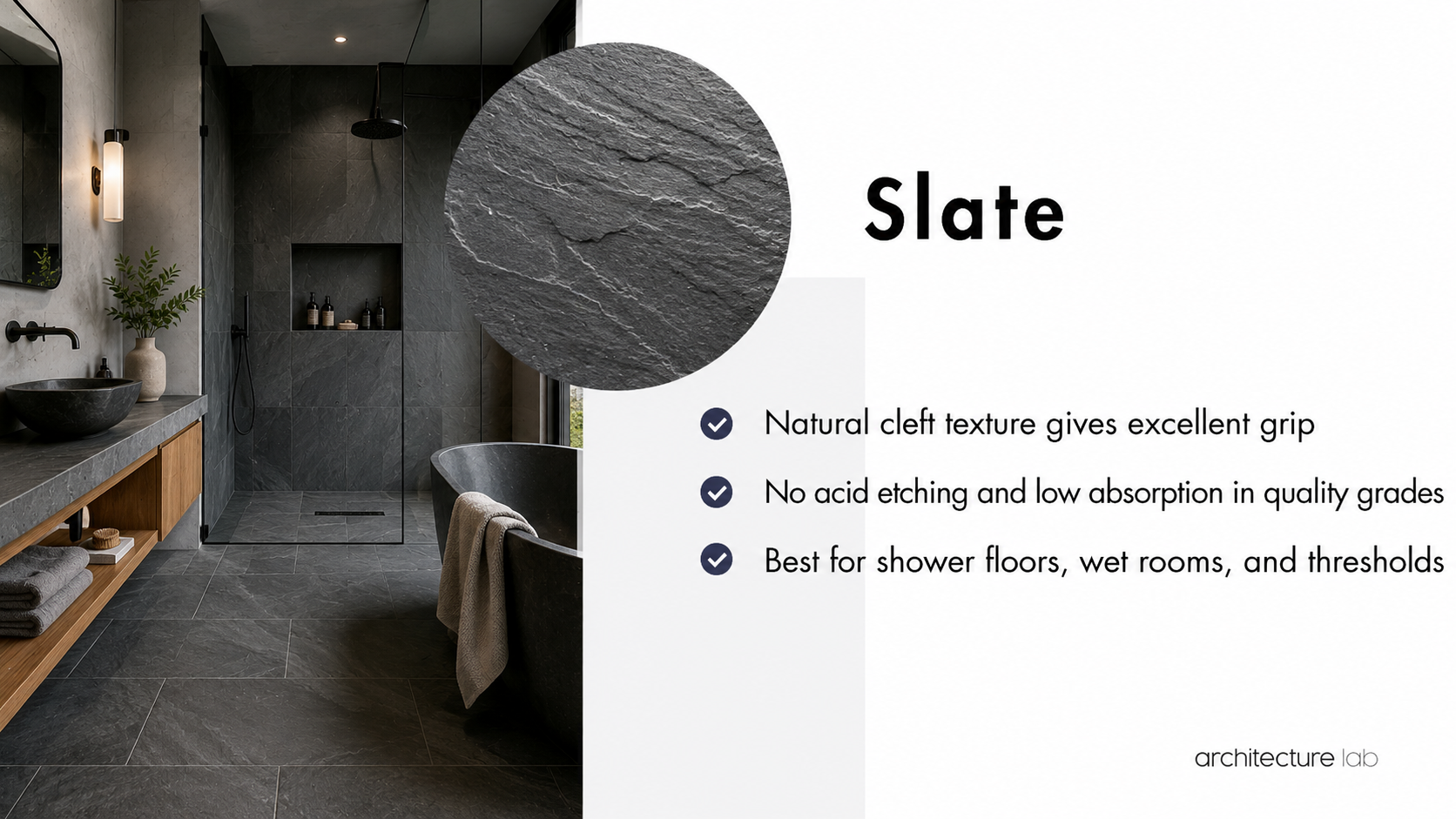 Slate bathroom stone card showing natural cleft texture, slip resistance, and use for shower floors, wet rooms, and thresholds
