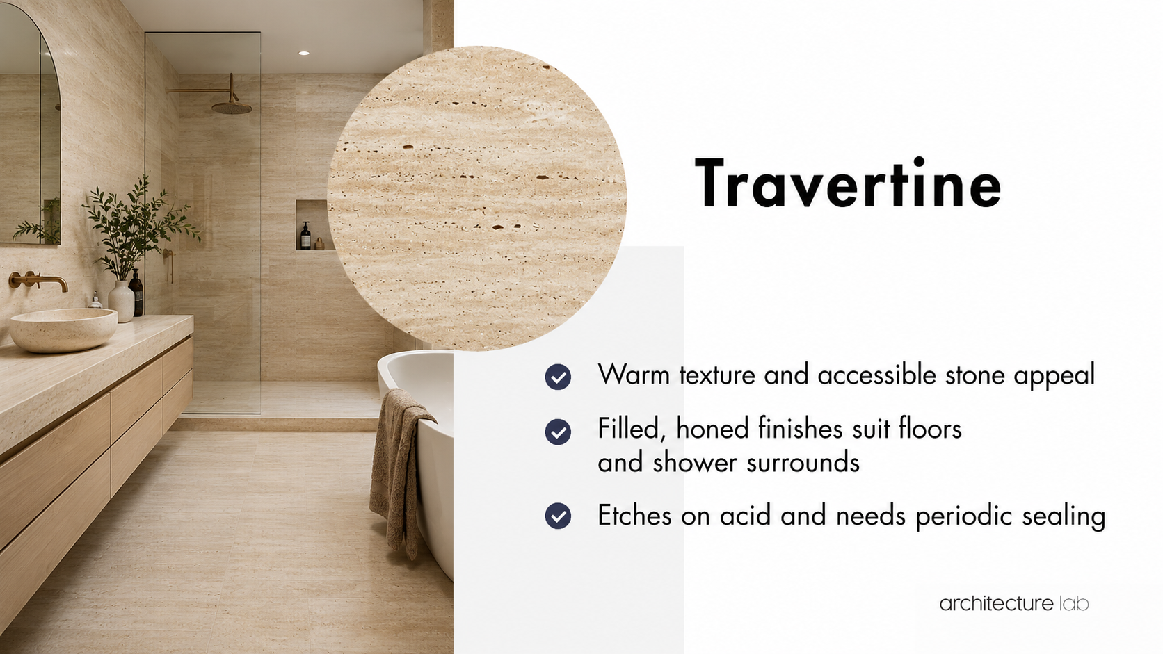 Travertine bathroom stone card showing warm texture, filled honed finishes, and use for floors and shower surrounds