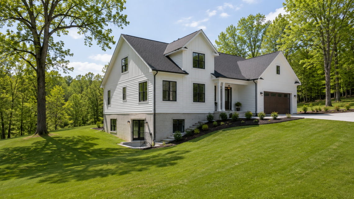 House on a sloped site with visible foundation walls, basement windows, and below-grade entry