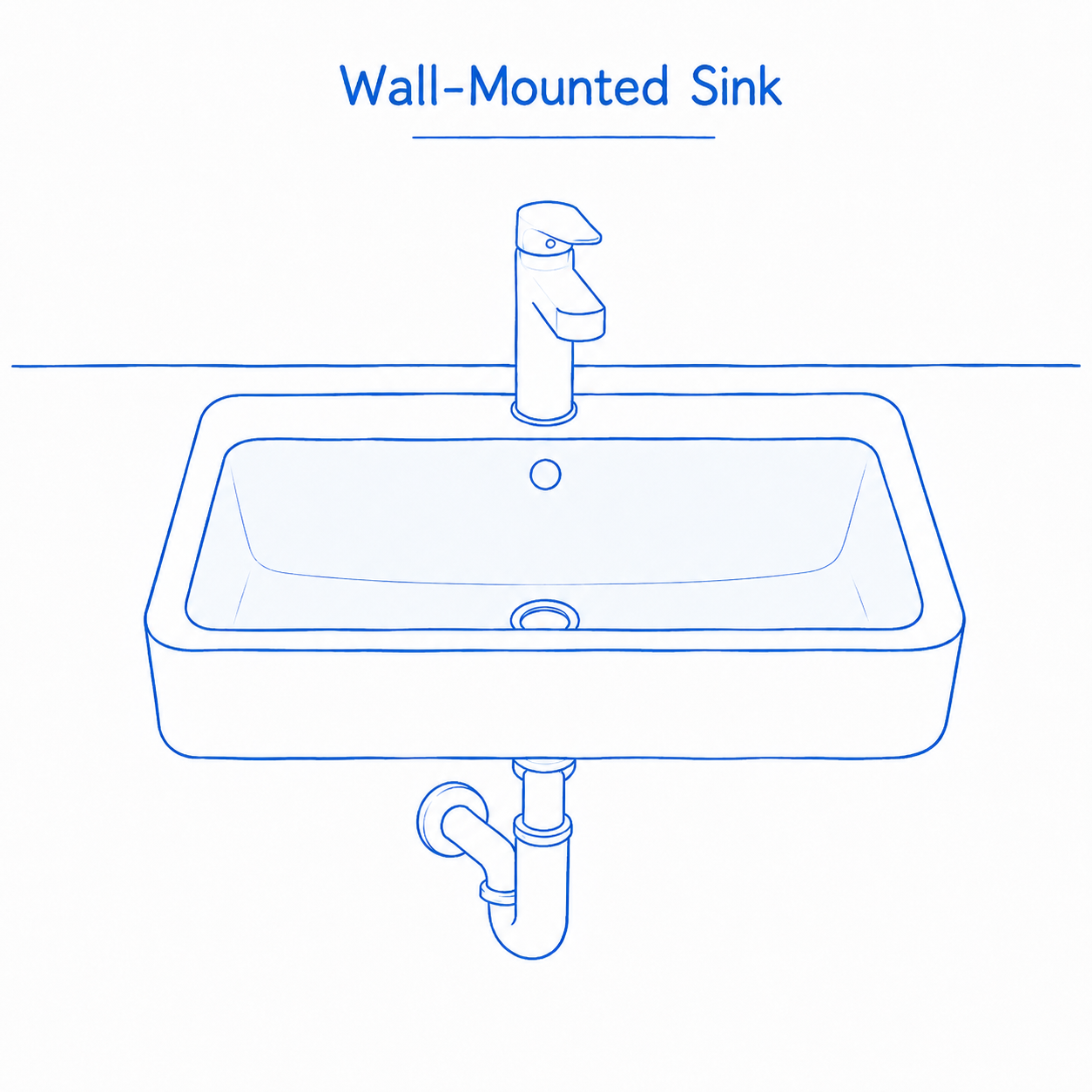 Wall-Mounted-Bathroom-Sink-Blue-Line-Illustration Blue line illustration of a wall-mounted bathroom sink with open space below