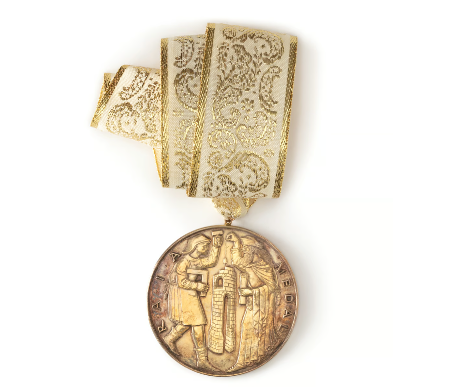 45 Most Prestigious Architecture Awards 37 Royal australian institute of architects medal - gold plated medallion suspended on white and gold ribbon - obverse: two male figures in medieval costume standing each side of a stone tower under construction - one holds a right-angle square and mallet, the other a plum-bob and rolled up document/plan